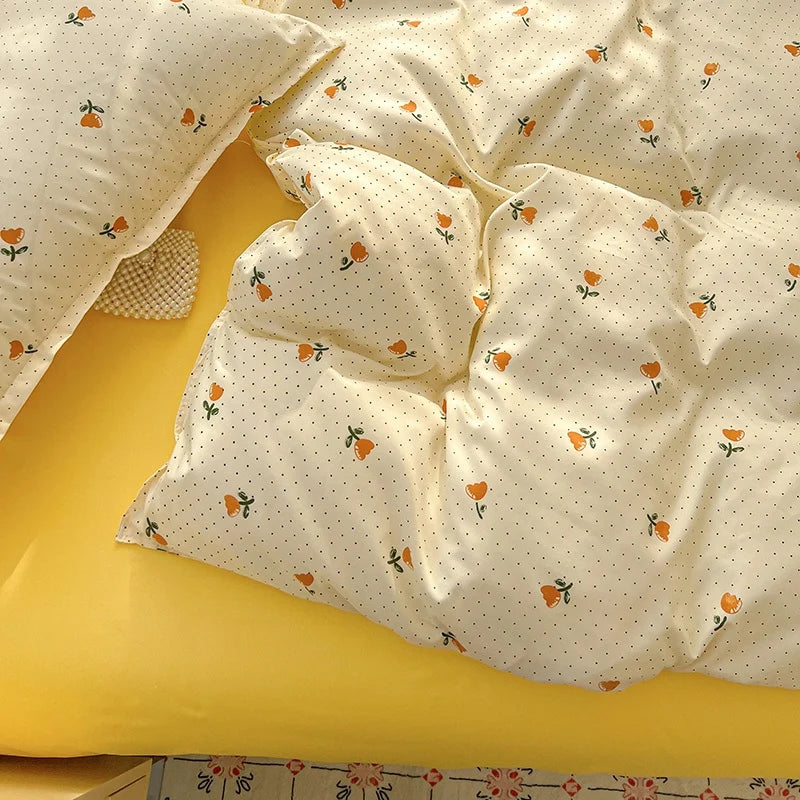 Close-up of tulip and dot print duvet cover