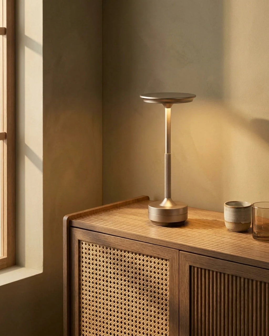 Cordless lamp on rattan cabinet