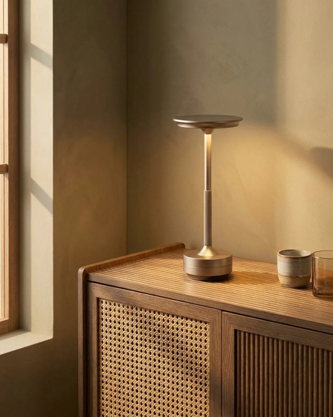 Cordless lamp on rattan cabinet
