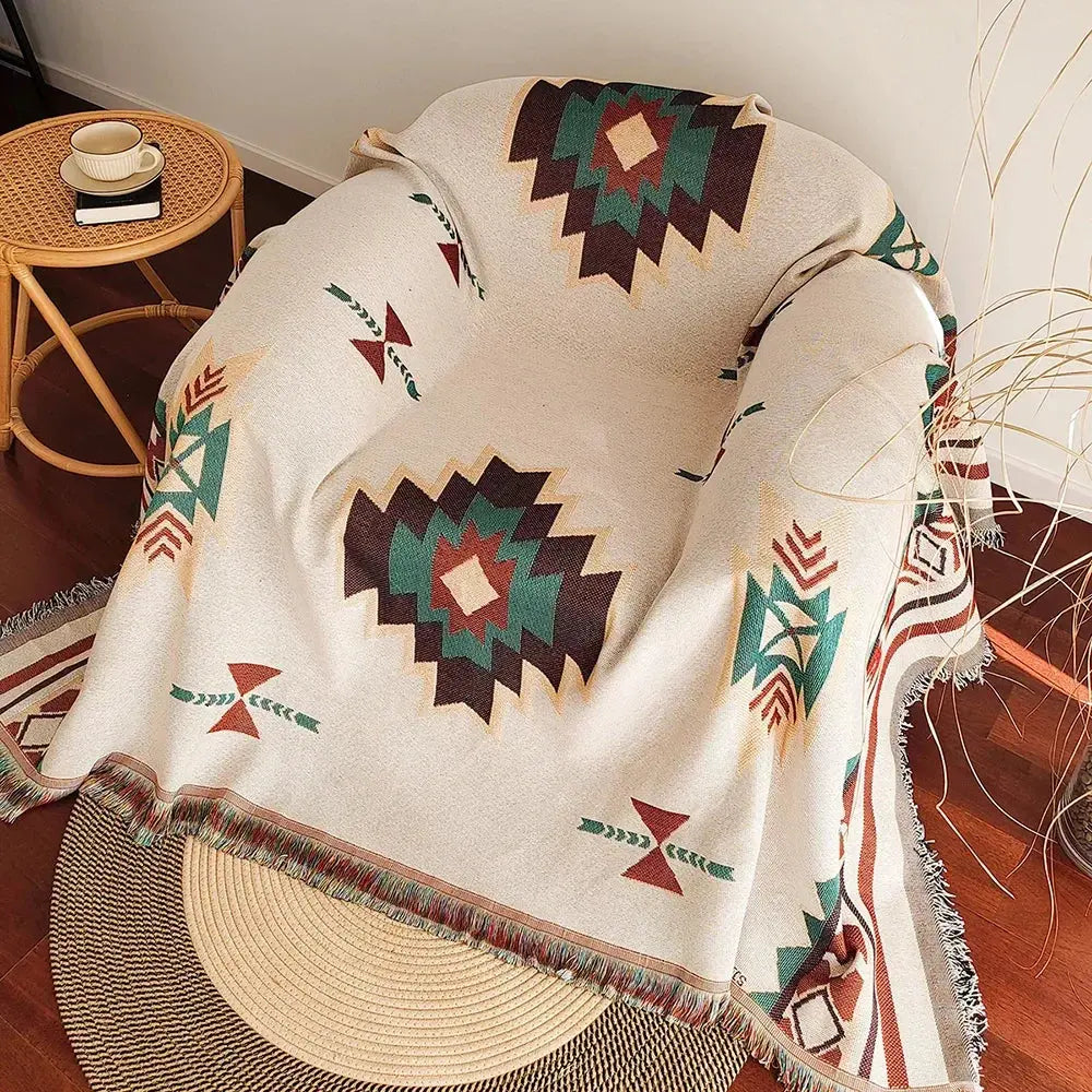 Cream Aztec throw on armchair