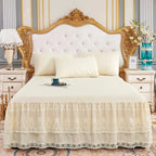 Cream lace ruffle bed skirt with pillows