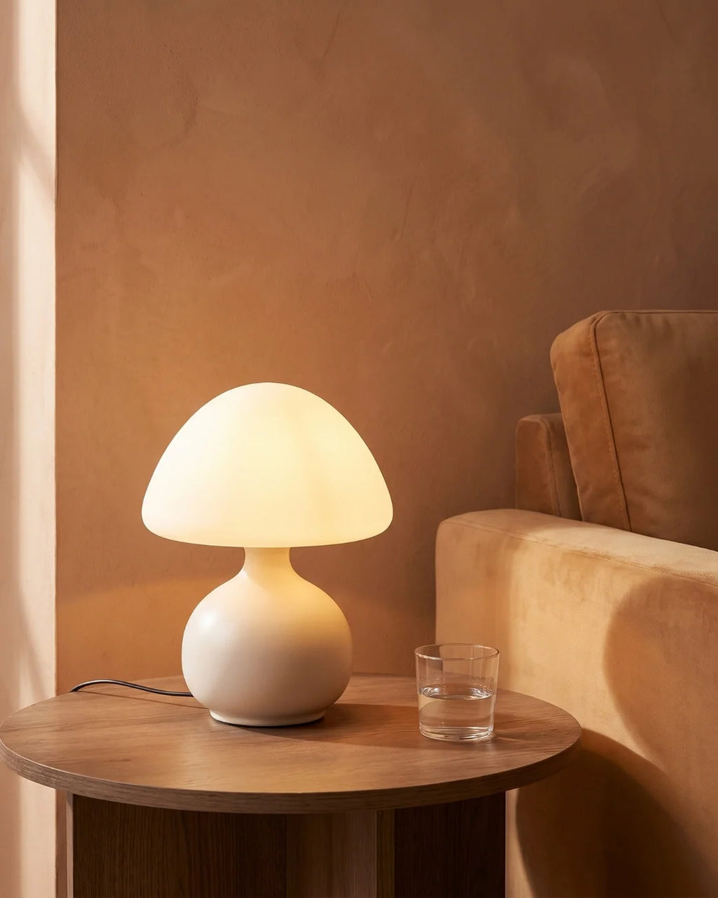 Cream mushroom lamp on side table