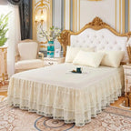 Cream three-layer lace bed skirt on bed