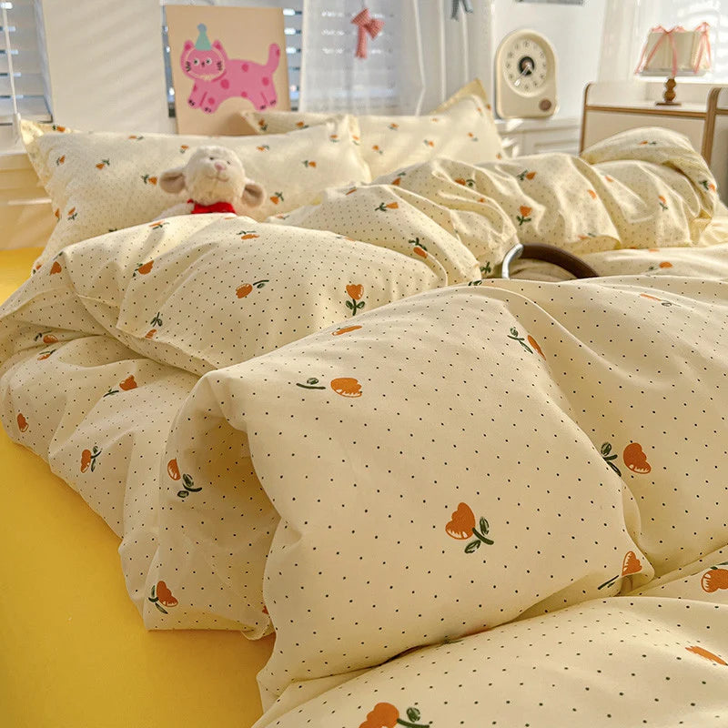 Cream tulip print bedding in bedroom