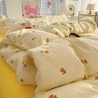 Cream tulip print bedding in bedroom