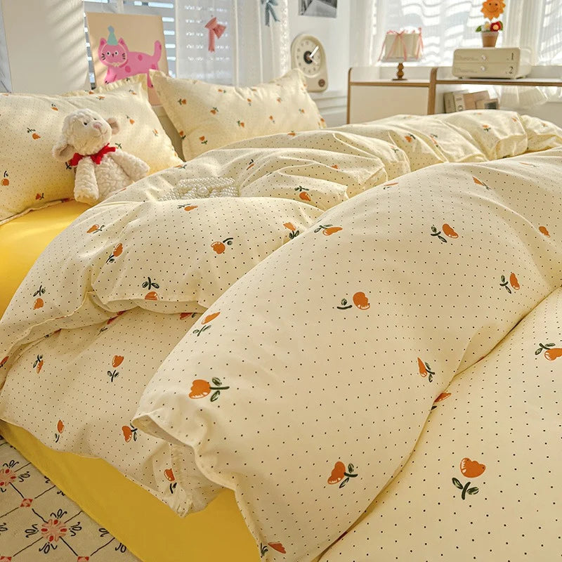 Cream tulip print bedding set with yellow sheet