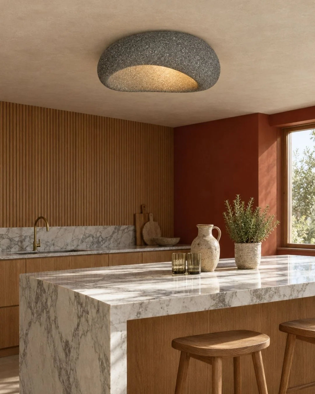 Dark gray ceiling light over kitchen island