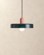 Dark green pendant light with pink holder