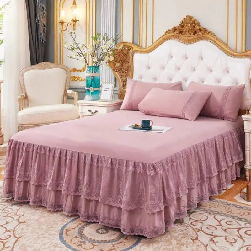 Dusty pink lace ruffle bed skirt