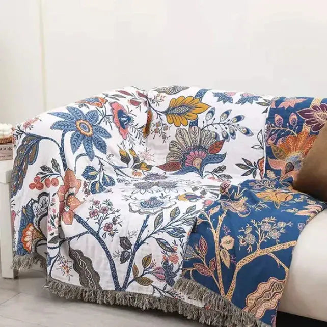 Floral gauze throw draped over couch