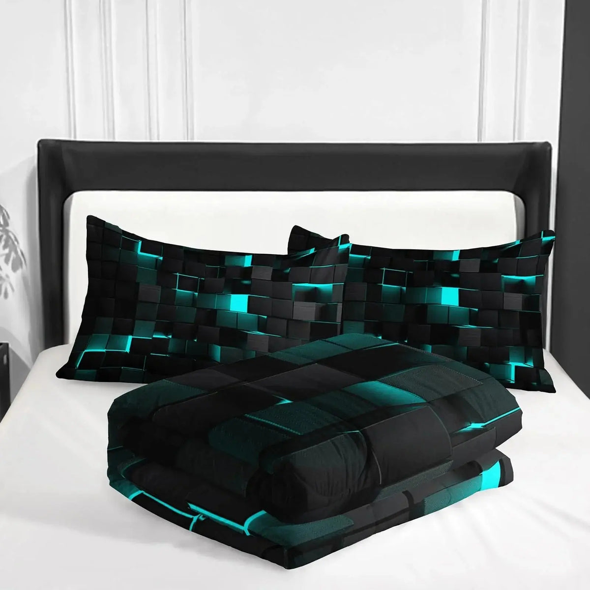 Folded geometric comforter and pillowcases