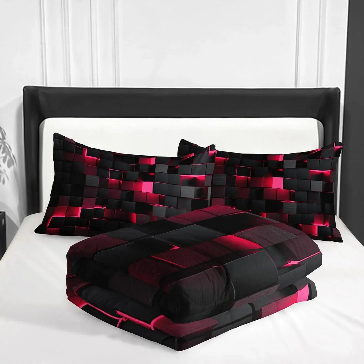 Folded red geometric comforter set