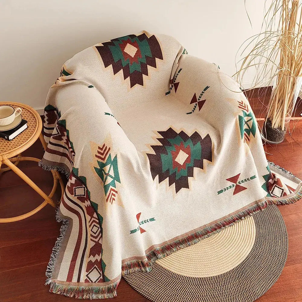 Fringed Aztec throw draped over chair
