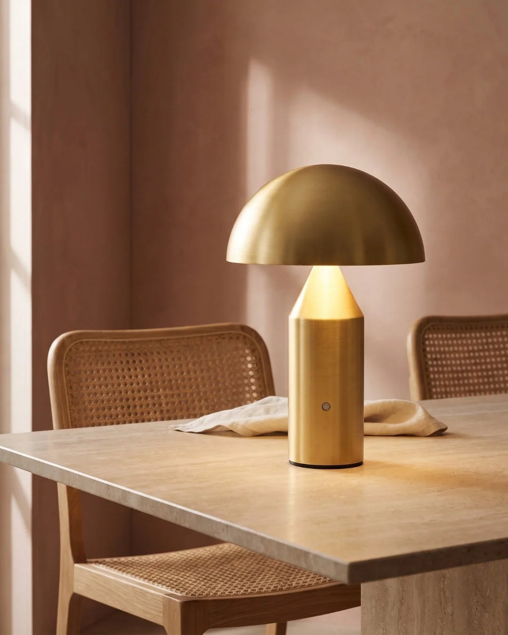 Gold mushroom lamp on dining table