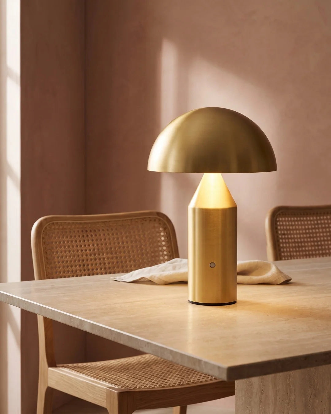 Gold mushroom lamp on dining table