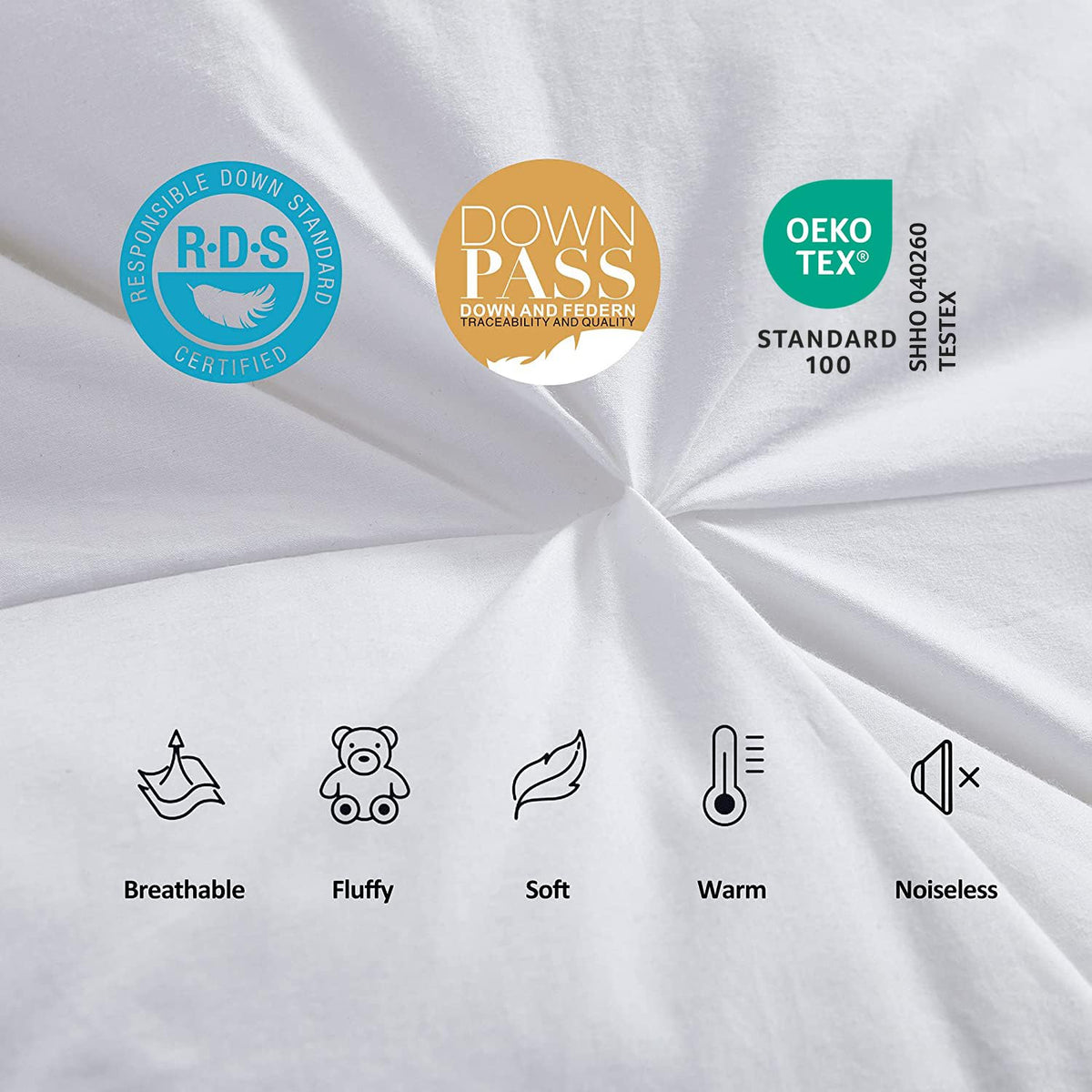 Goose down comforter features: breathable, fluffy, soft, warm, quiet