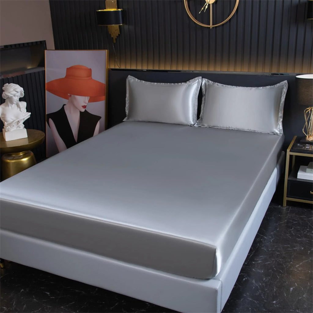 Gray bamboo fitted sheet on bed