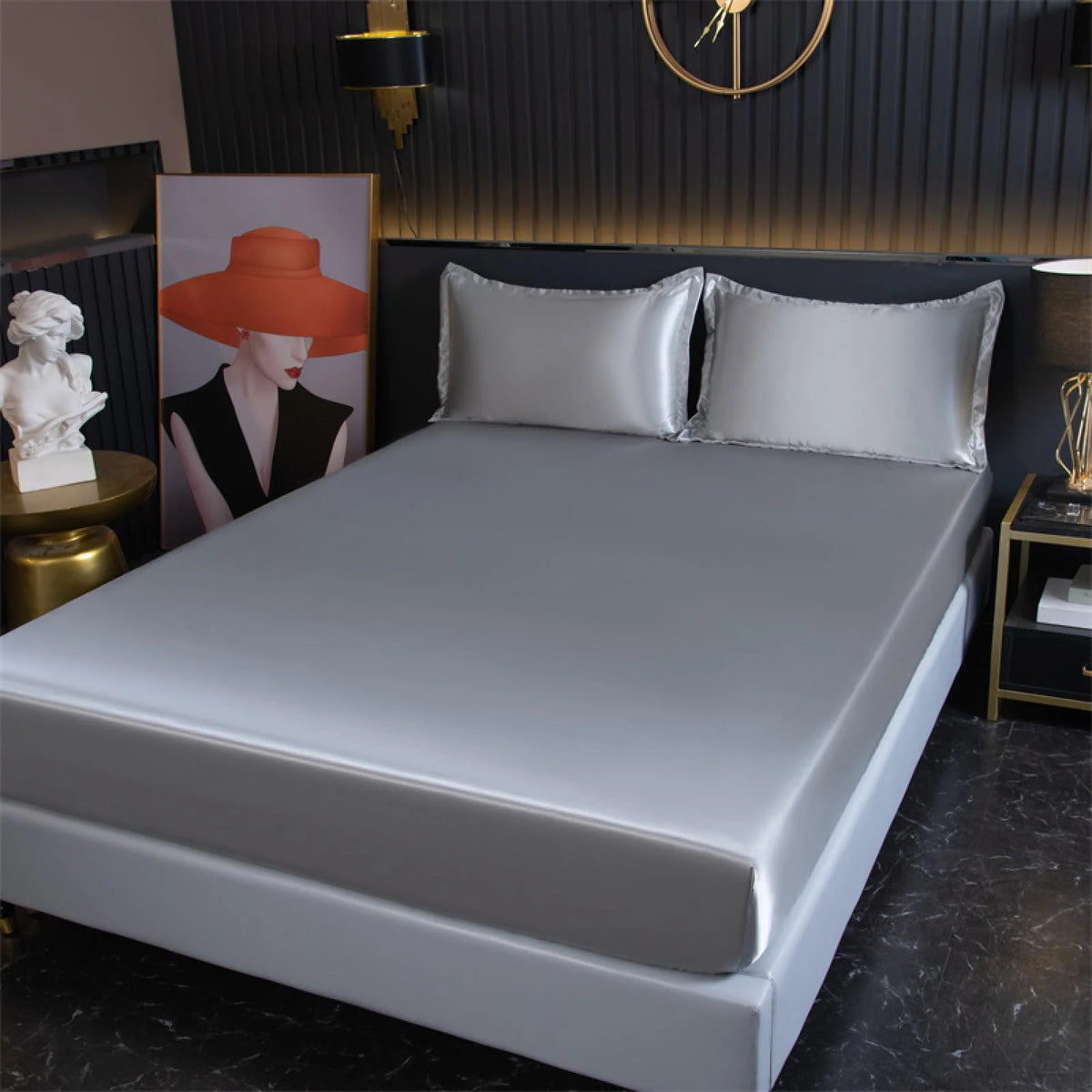 Gray bamboo fitted sheet on bed