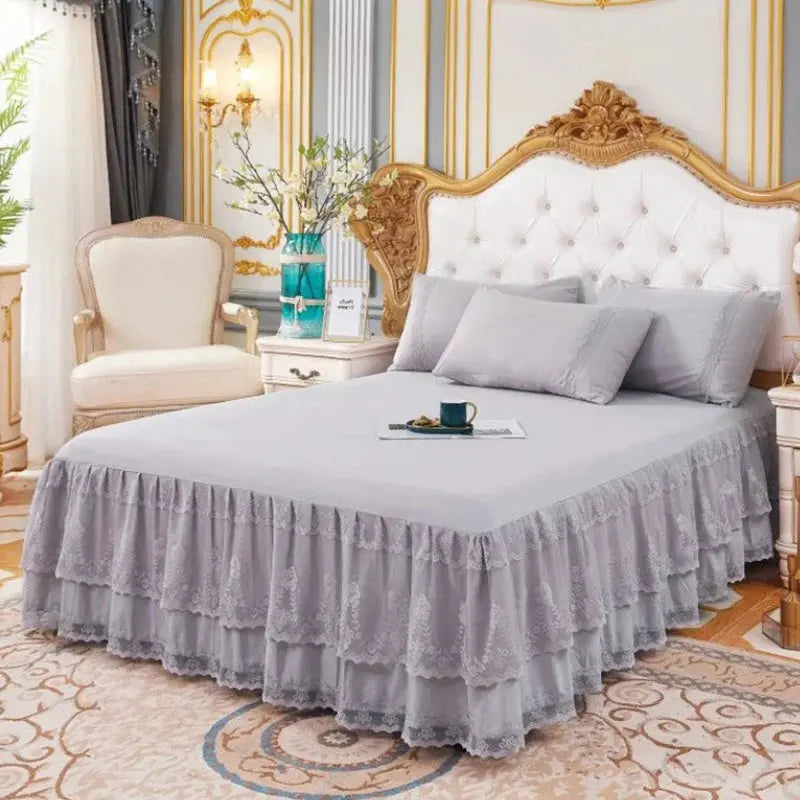 Gray lace ruffle bed skirt