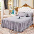 Gray lace ruffle bed skirt