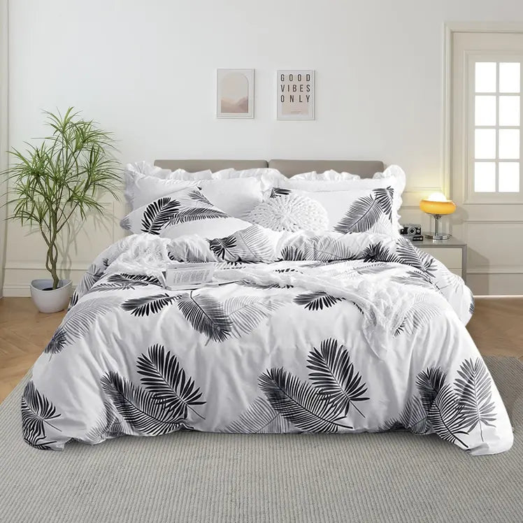 Gray palm leaf duvet cover set