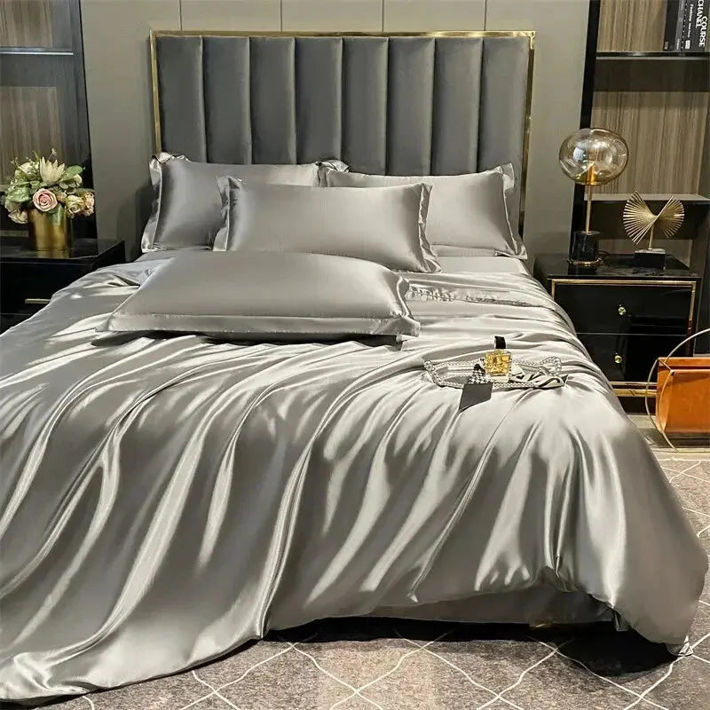 Gray satin bedding set on bed
