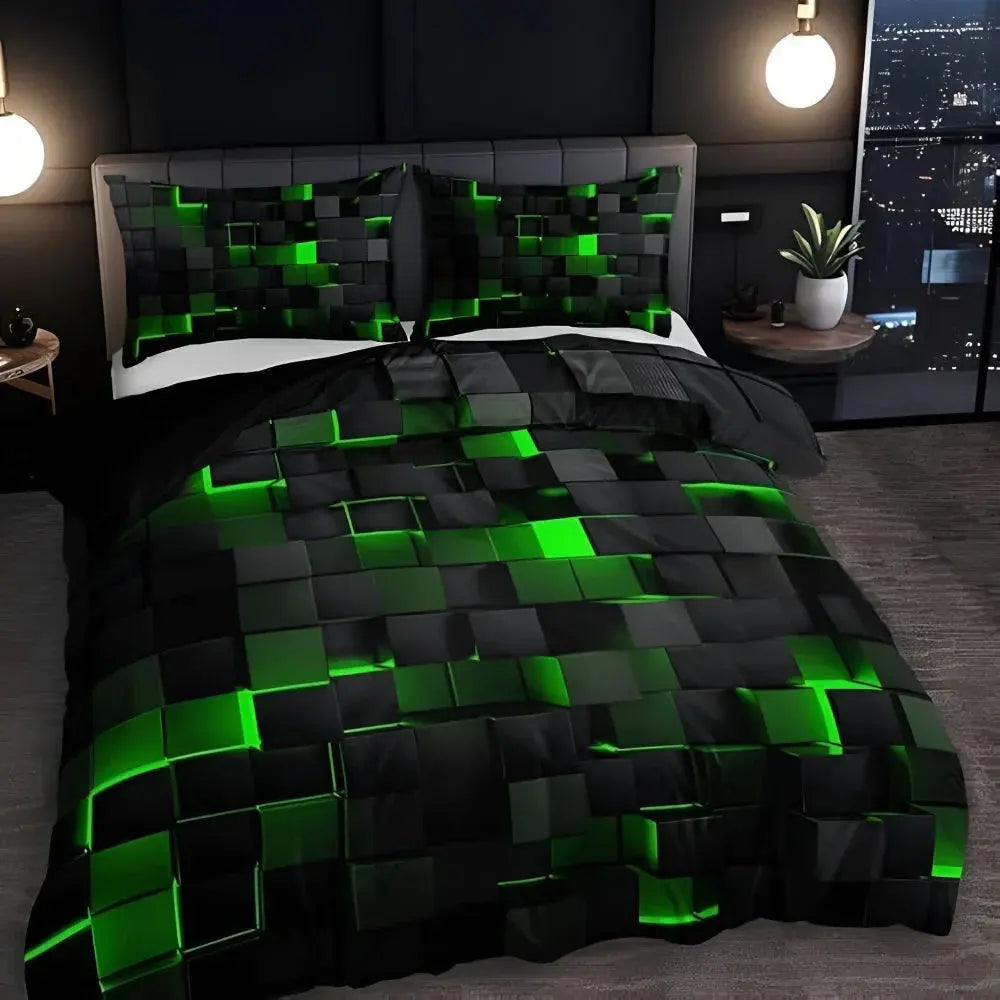 Green 3D geometric comforter set on bed