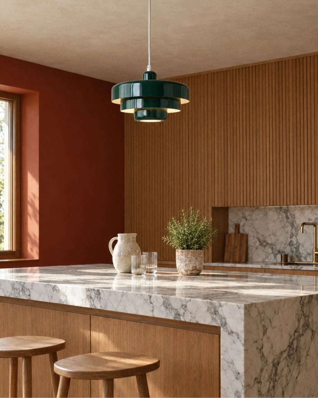Green pendant light over kitchen island