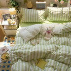 Green striped washed cotton quilt set