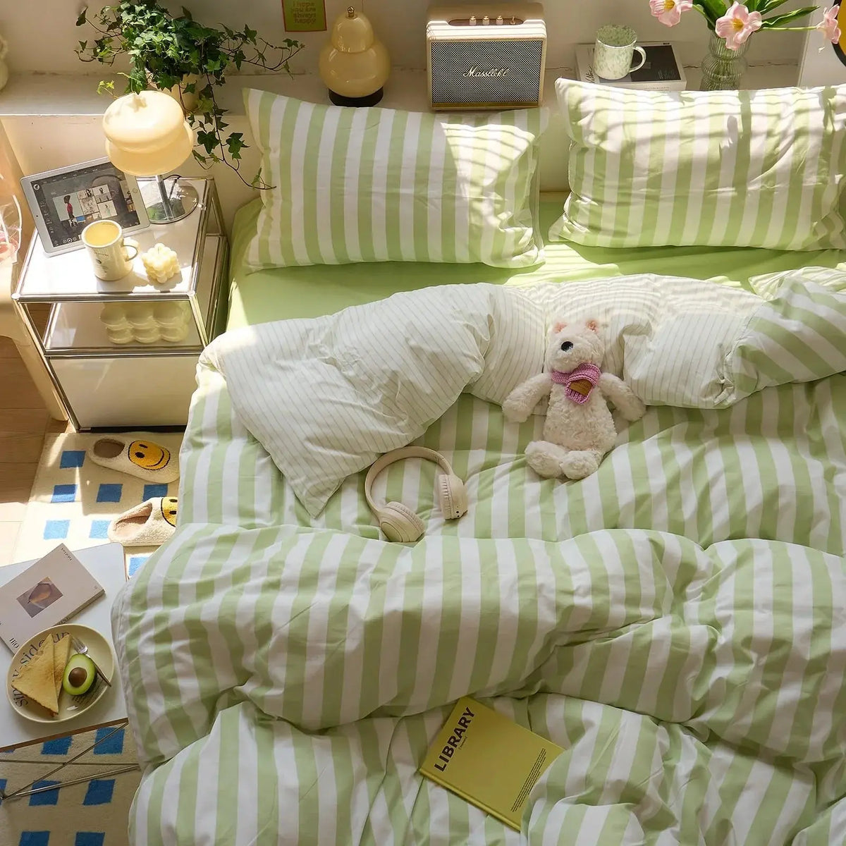 Green striped washed cotton quilt set