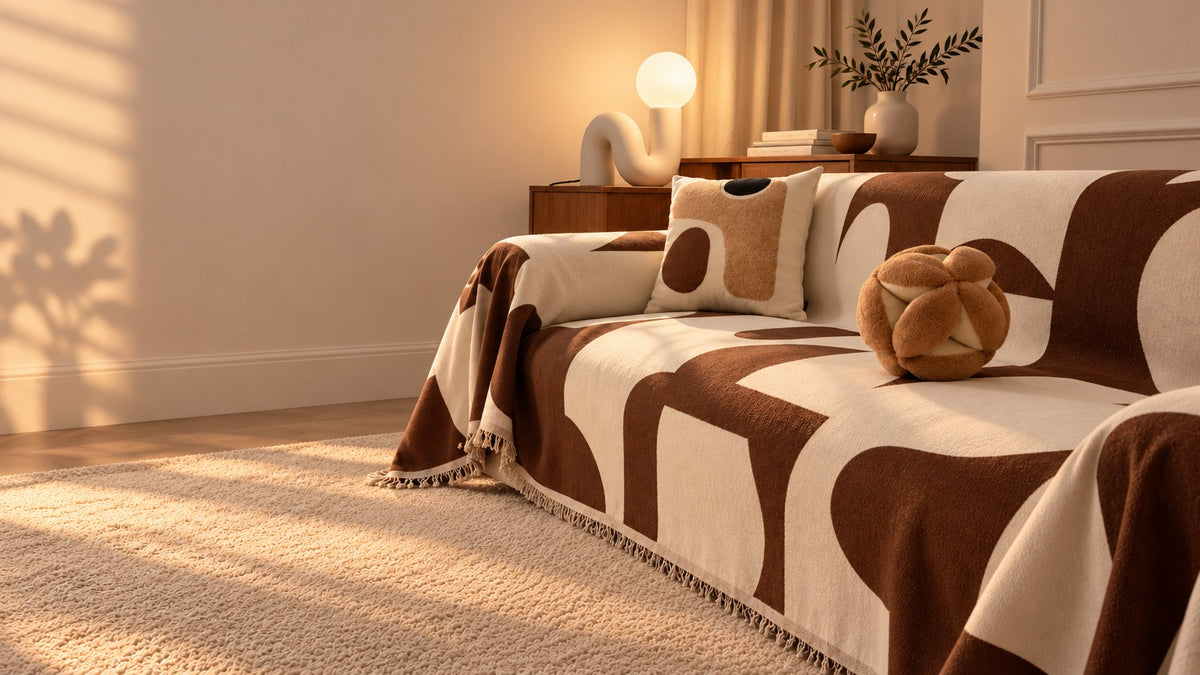 A cozy living room scene with a sofa covered in a brown and cream abstract-patterned throw blanket, matching pillows, and a round decorative pillow, lit by warm sunlight and a lamp in the background.
