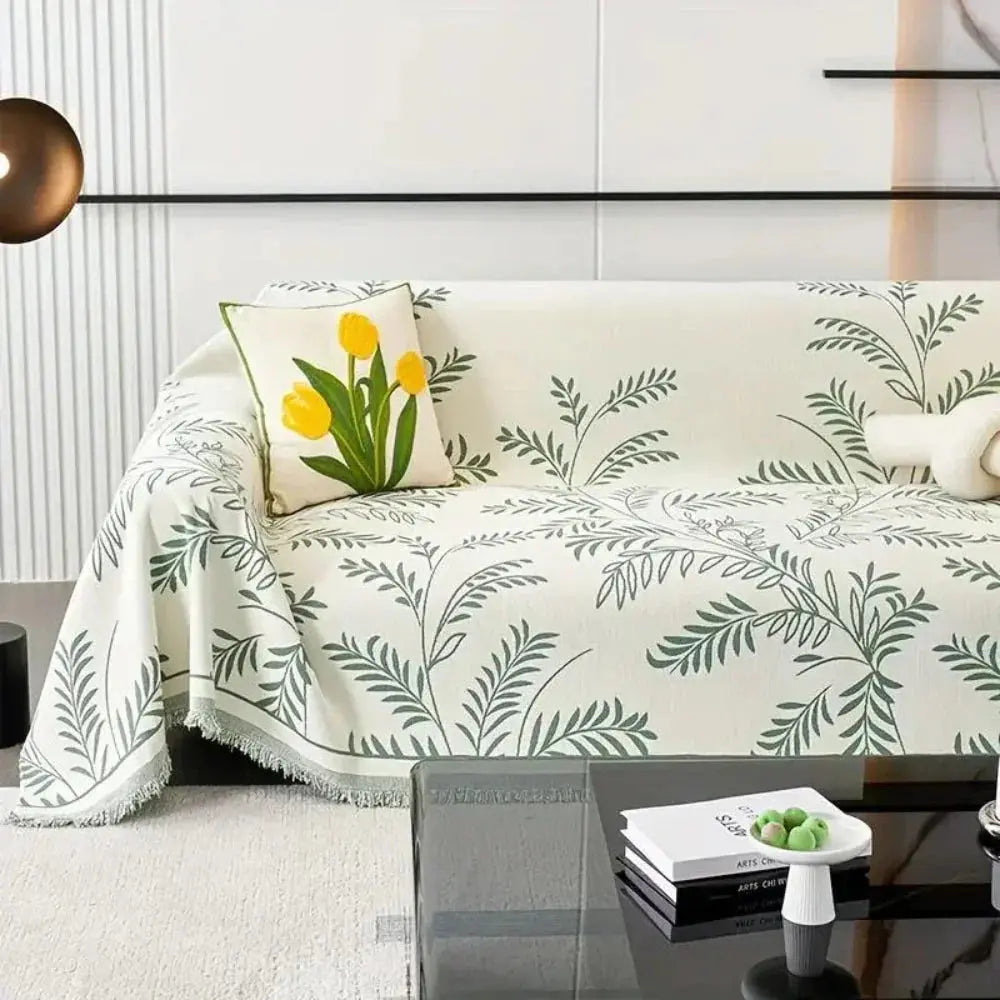 Leaf jacquard couch cover on sofa with coffee table