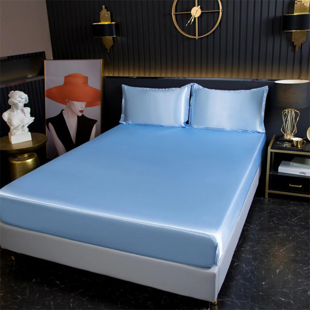 Light blue bamboo fitted sheet on bed
