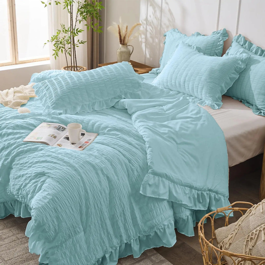 Light blue seersucker ruffle bedding set