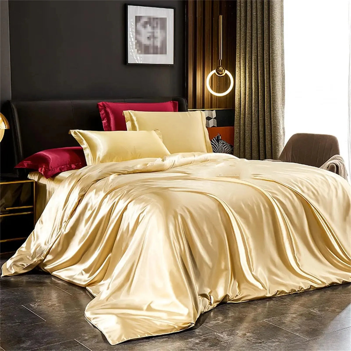 Light gold satin bedding set on bed