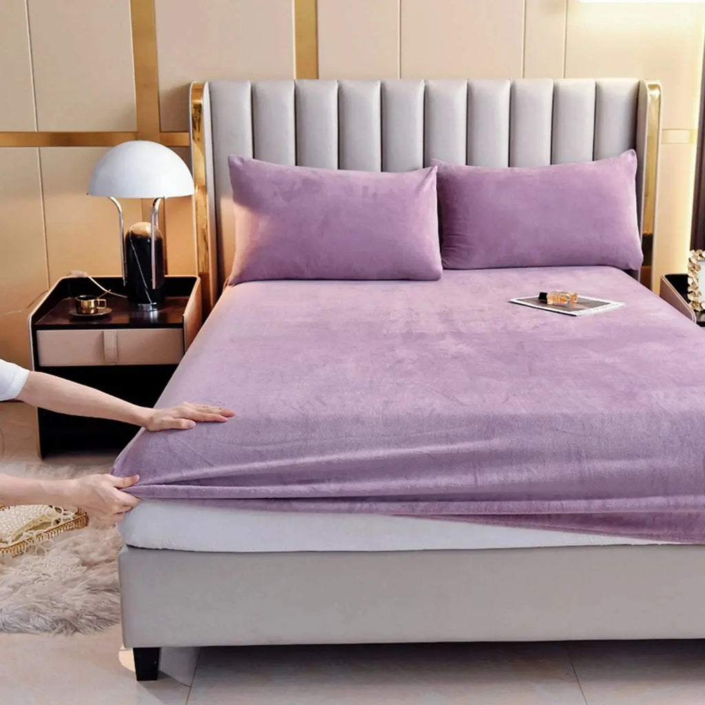 Lilac velvet fitted sheet on bed