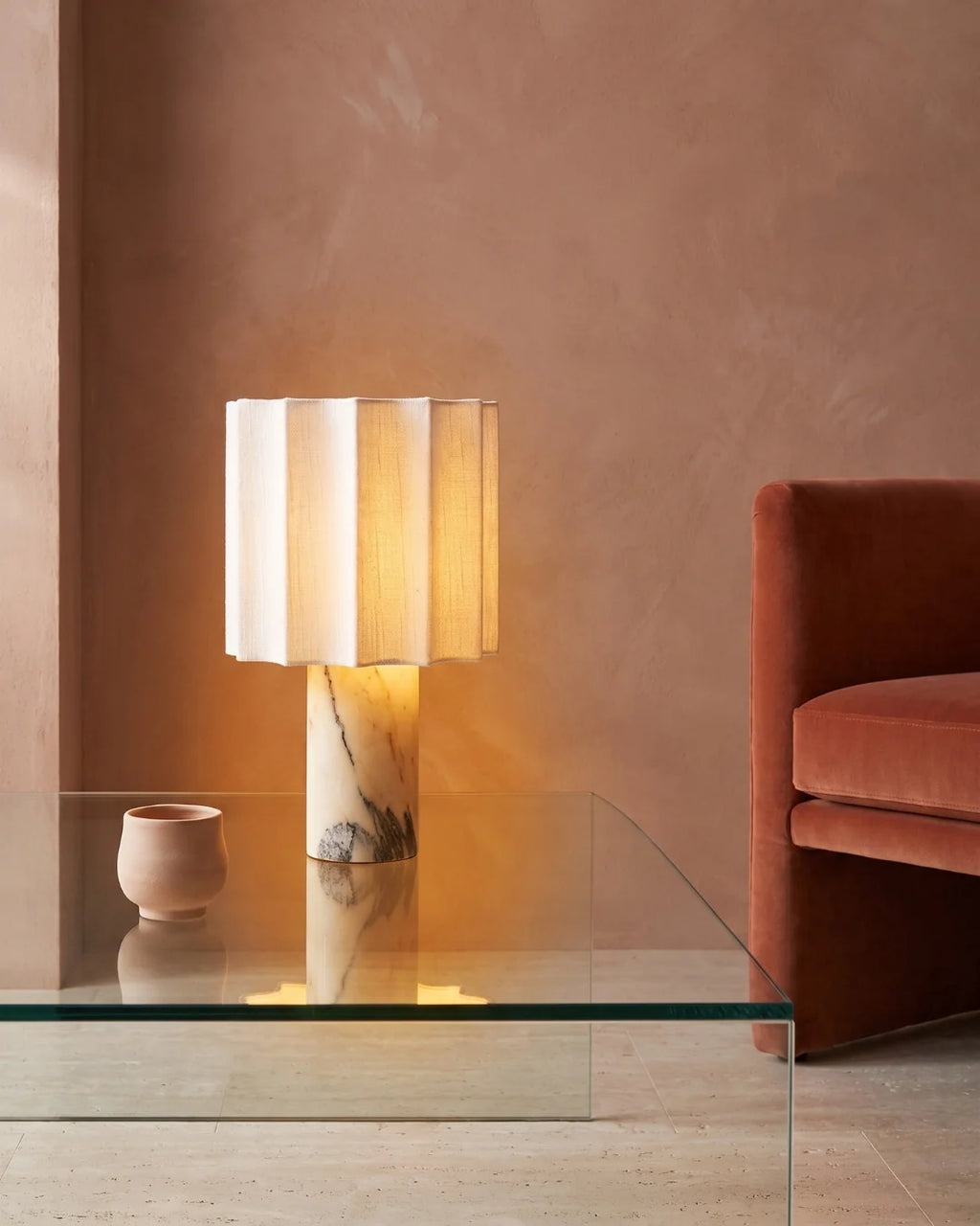 Marble lamp on glass side table