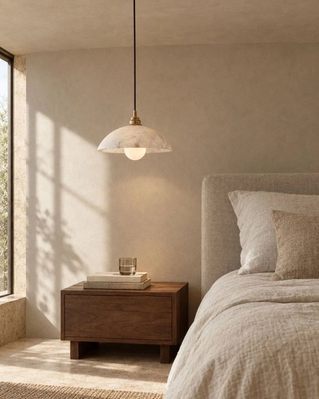 Marble pendant light by bed