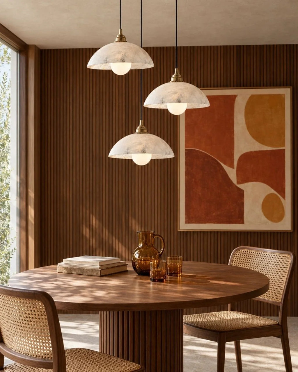 Marble pendant lights over dining table
