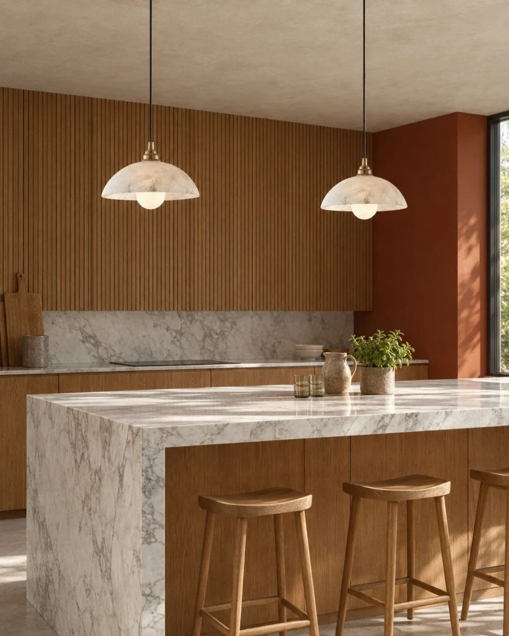 Marble pendant lights over kitchen island