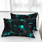 Matching geometric pillowcases with teal cube print