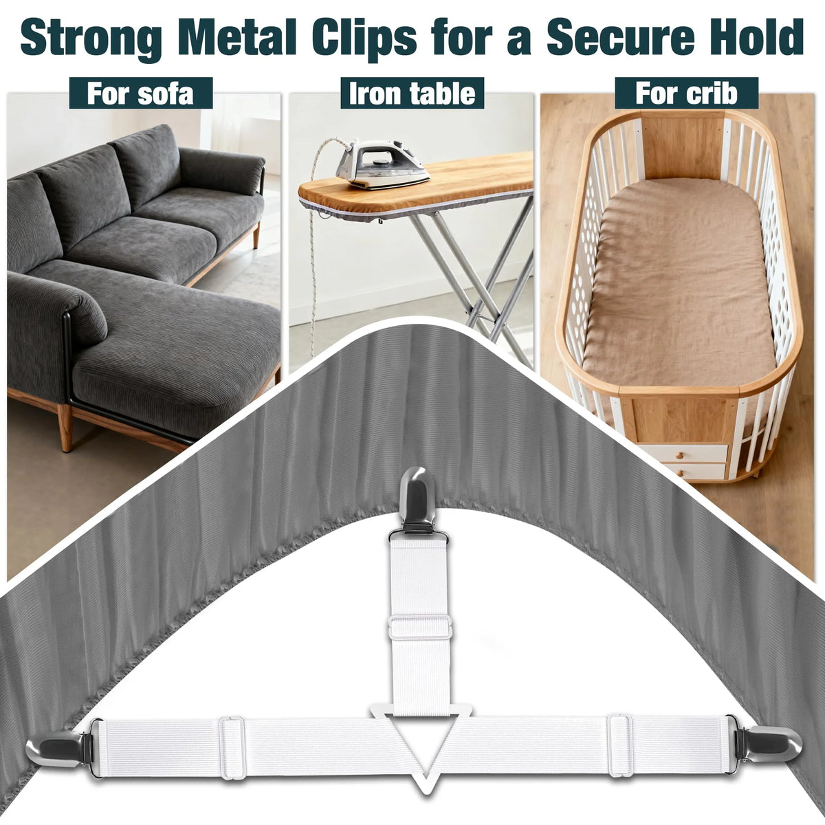 Metal clip sheet straps for sofa, ironing board and crib