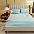 Mint blue velvet fitted sheet on bed
