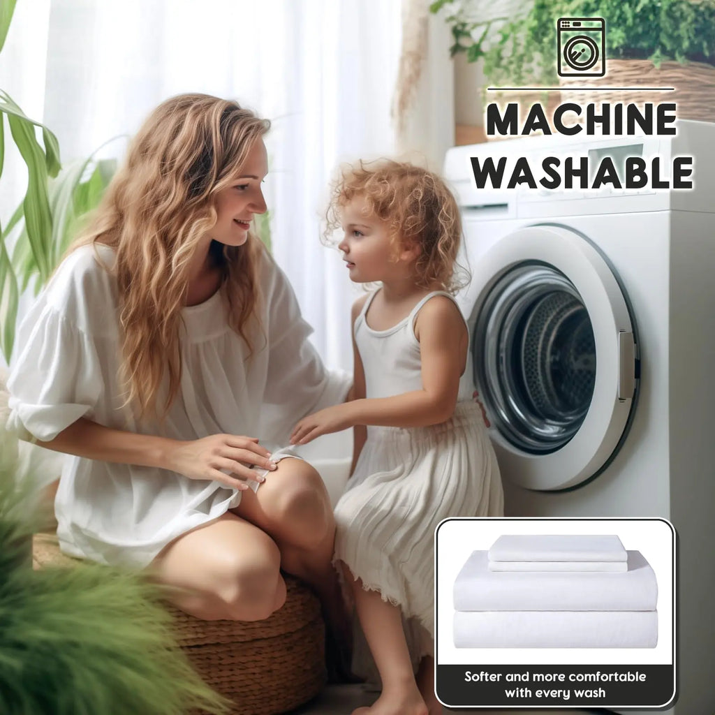 Mother and child with machine washable linen sheets
