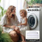 Mother and child with machine washable linen sheets
