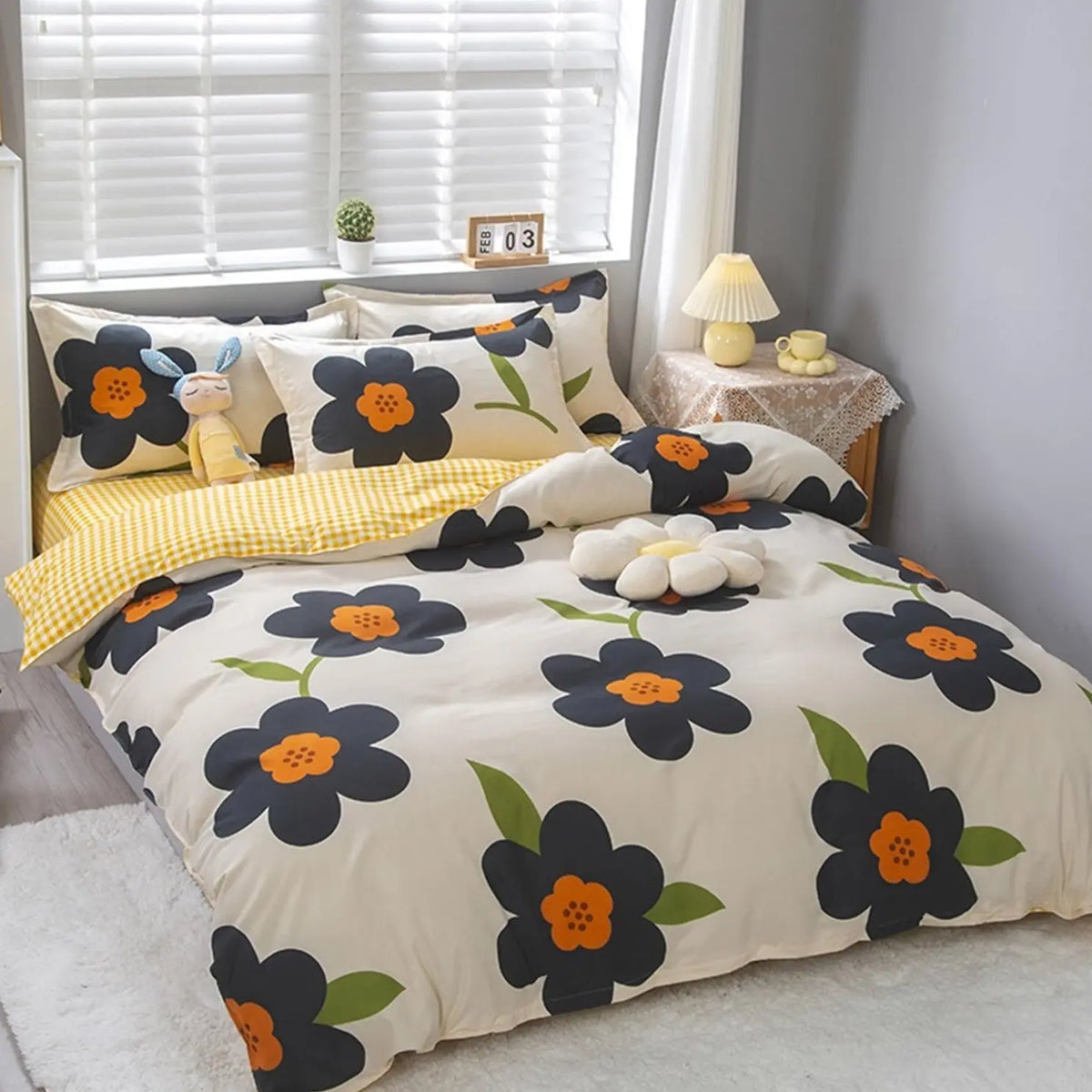 Navy and orange daisy duvet cover set
