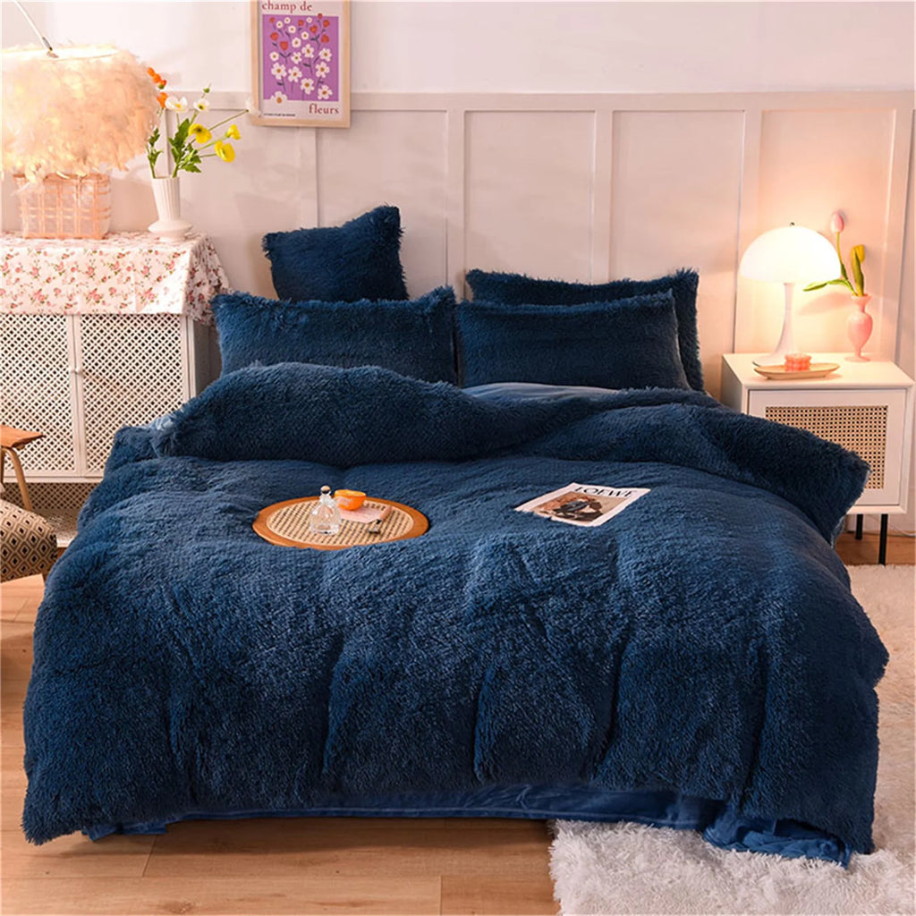 Navy blue faux fur duvet cover set on bed