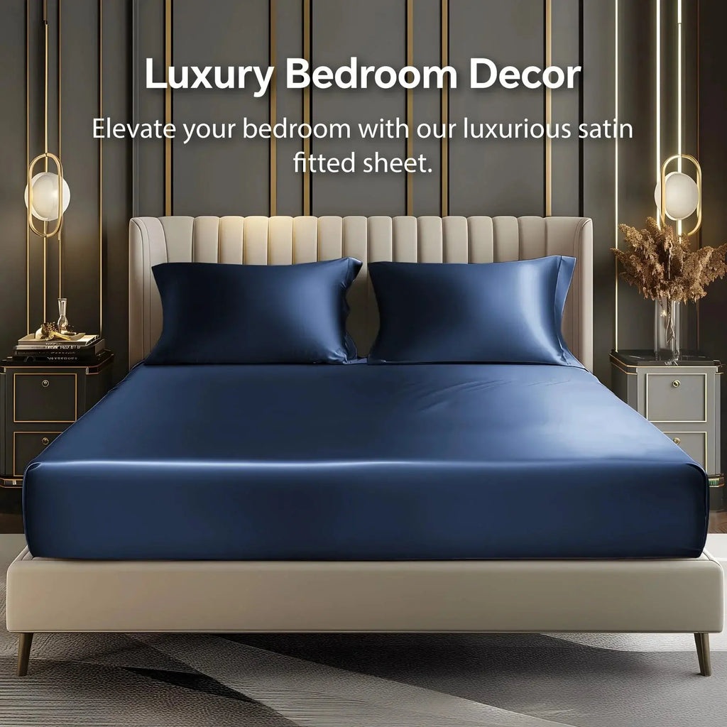 Navy satin fitted sheet in luxury bedroom