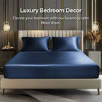 Navy satin fitted sheet in luxury bedroom