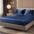 Navy satin sheet set on bed
